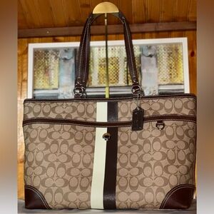 Coach Brown and Cream Signature Stripe Tote